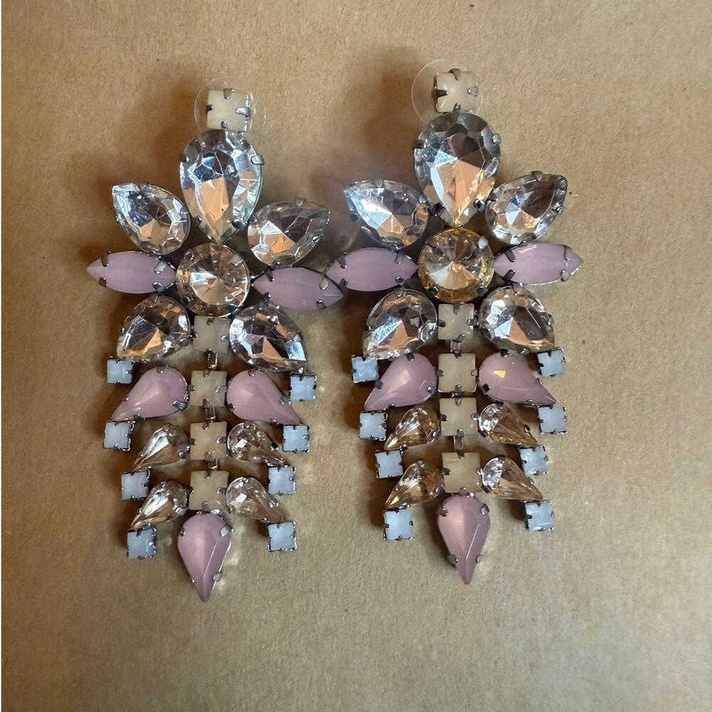 Clear Lucite + Clear Pink Stone + Silver Tone Gem Earrings
